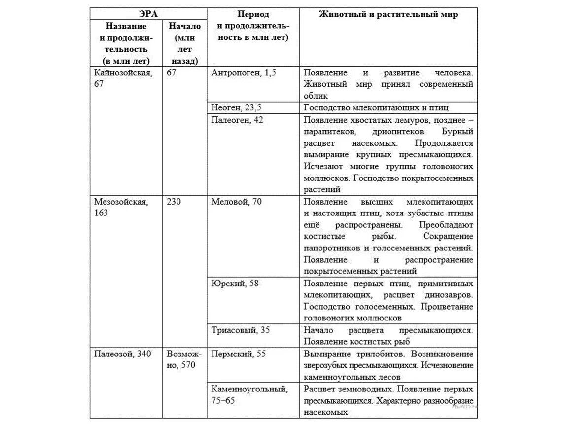 Основные этапы эволюции животных таблица