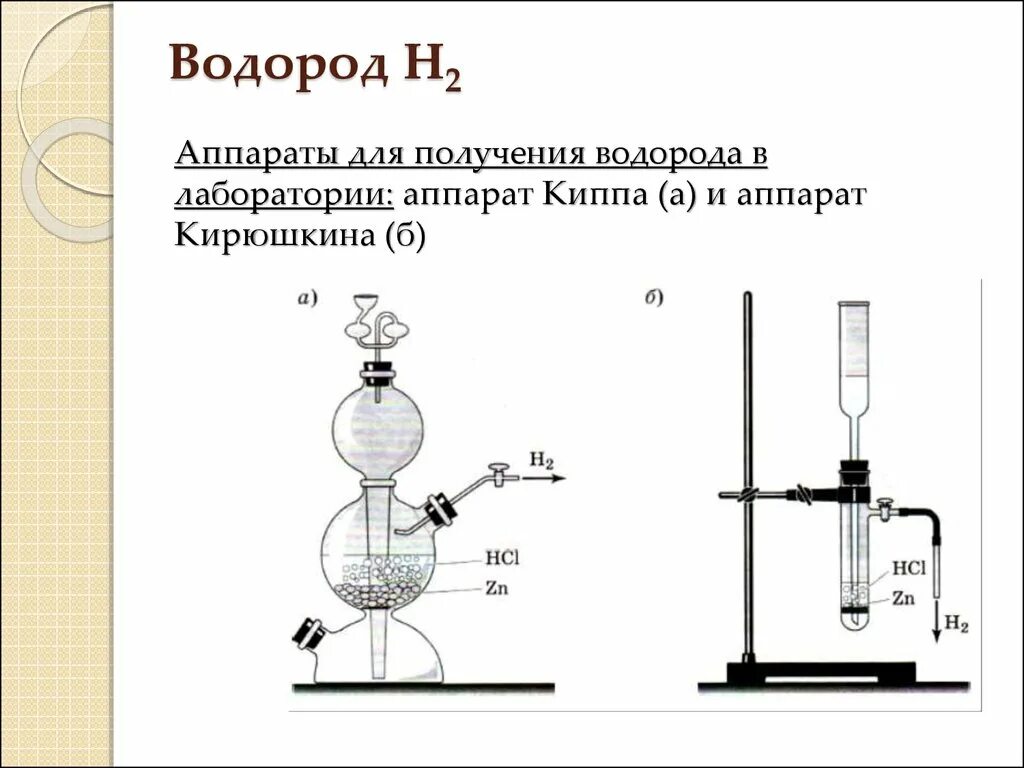 Водород можно получить методом вытеснения воды. Прибор Кирюшкина для получения водорода. Прибор для получения водорода аппарат Киппа. Аппарат Киппа и Кирюшкина рисунок. Аппарат Кирюшкина получение водорода.