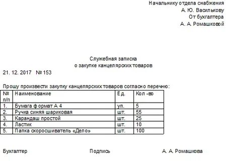 Служебная на канцтовары образец