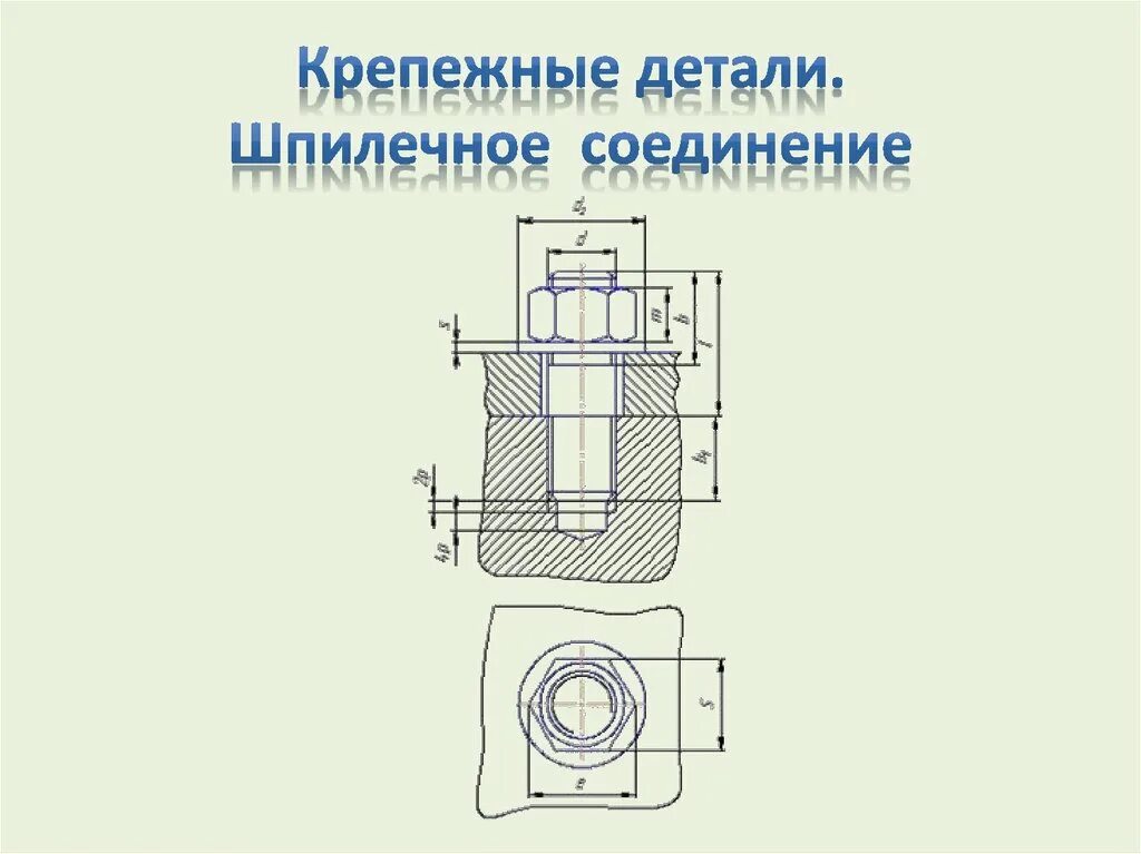 Крепежные соединения деталей. Соединение шпилькой чертеж м20. Шпилечное соединение чертеж м30. Шпилечное крепежное соединение. Чертежи болтовых и шпилечных соединений.