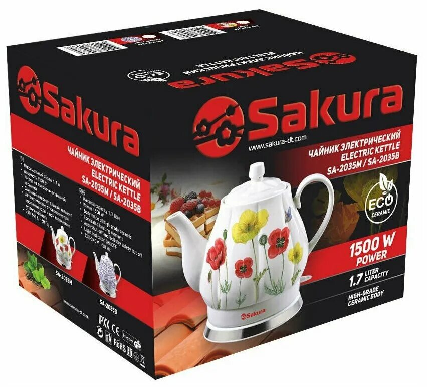 Сакура электрическая. Сакура электрическая. Чайник элект. Светящееся дерево. 1,7л sakura sa-2118r, 2200вт, мет/пластик, красный/черный.