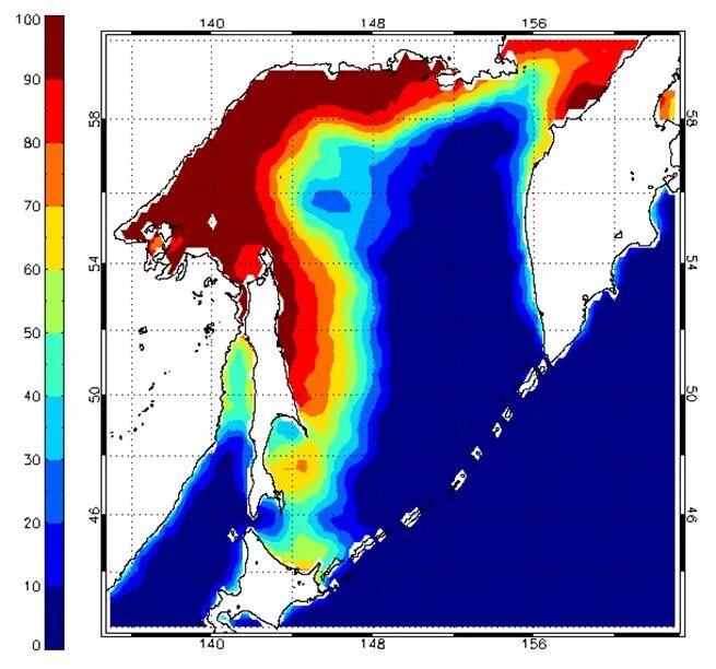 Температура воды охотское. Охотское море климат карта. Климатическая карта Охотского моря. Температурная карта Охотского моря. Климат Охотского моря.