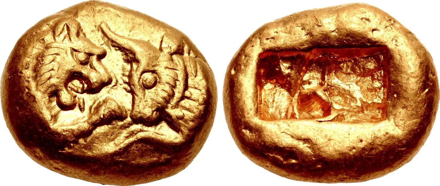 Деньги были изобретены в далекой древности. Золотой статер Лидии, 564-539 г до н.э.. Золотой статер Лидии. Крёз (царь Лидии) на монете. Золотая монета царя Креза..