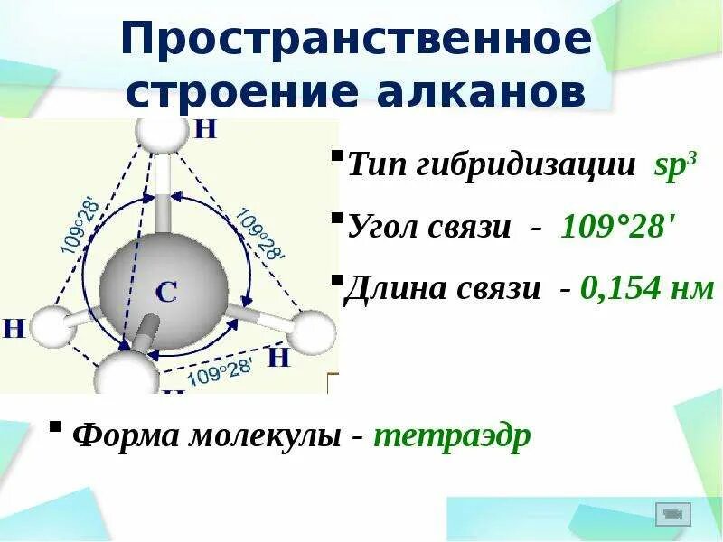 Формула строения алканов. Электронное строение молекул алканов. Электронное и пространственное строение молекулы метана. Пространственная формула  молекул алканов. Строение алканов sp3 гибридизация.