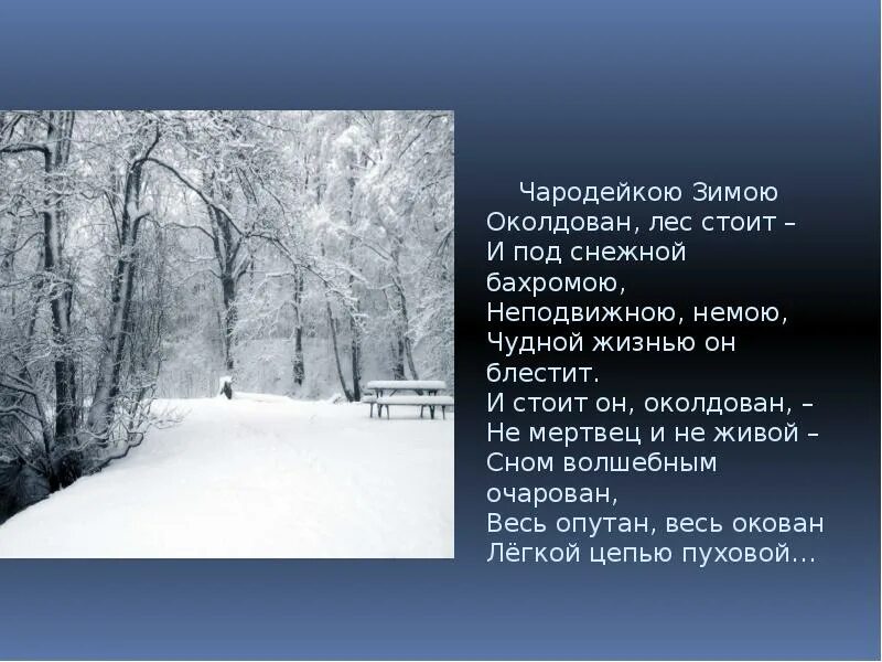 Фёдор Иванович Тютчев Чародейкою зимою. Чародейкою зимою. Чародейкою зимой. Чародейкою зимою околдован лес стоит. Под снежной бахромою неподвижною немою