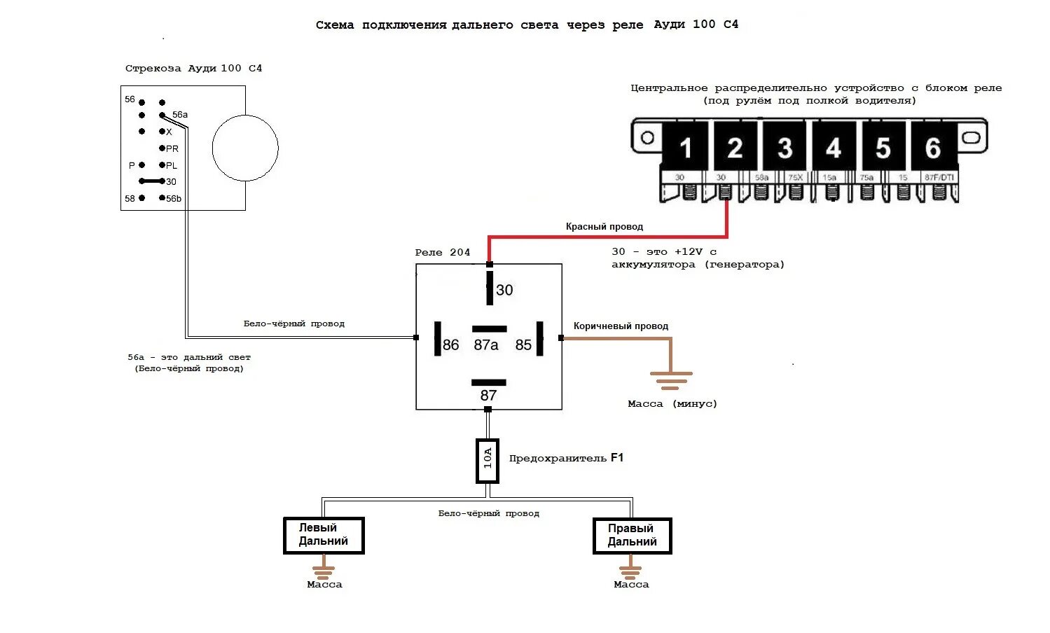 Подключение реле дальнего света. Схема подключения ПТФ через 5 контактное реле. Схема подключения фар Ауди 100 с4. Реле Audi 100 дальнего света. Схема подключения дальнего ближнего света через 5 контактное реле.