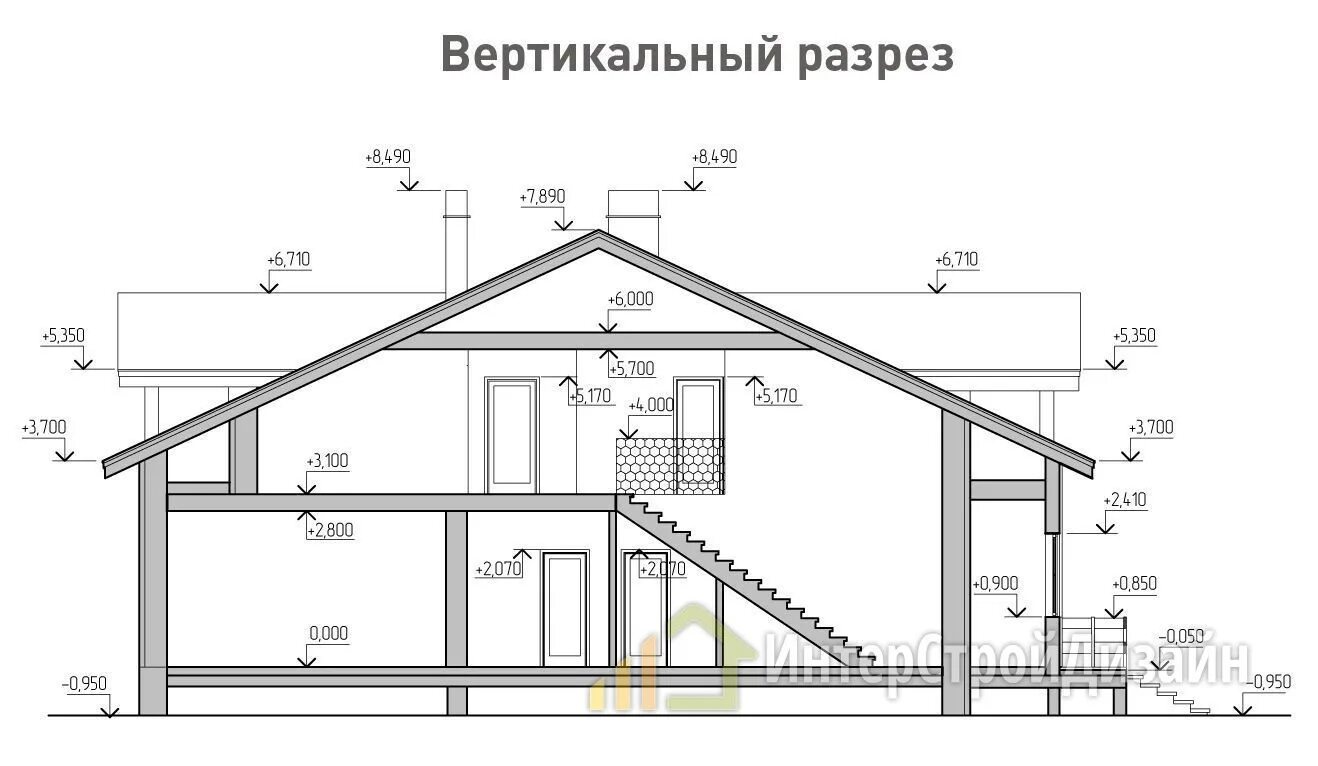 Чертеж с размерами мансардные. Вертикальный разрез здания. Вертикальный разрез одноэтажного дома. Разрез дома из керамзитоблока. Разрез дома с мансардой.