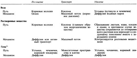 Передвижение веществ у растений таблица