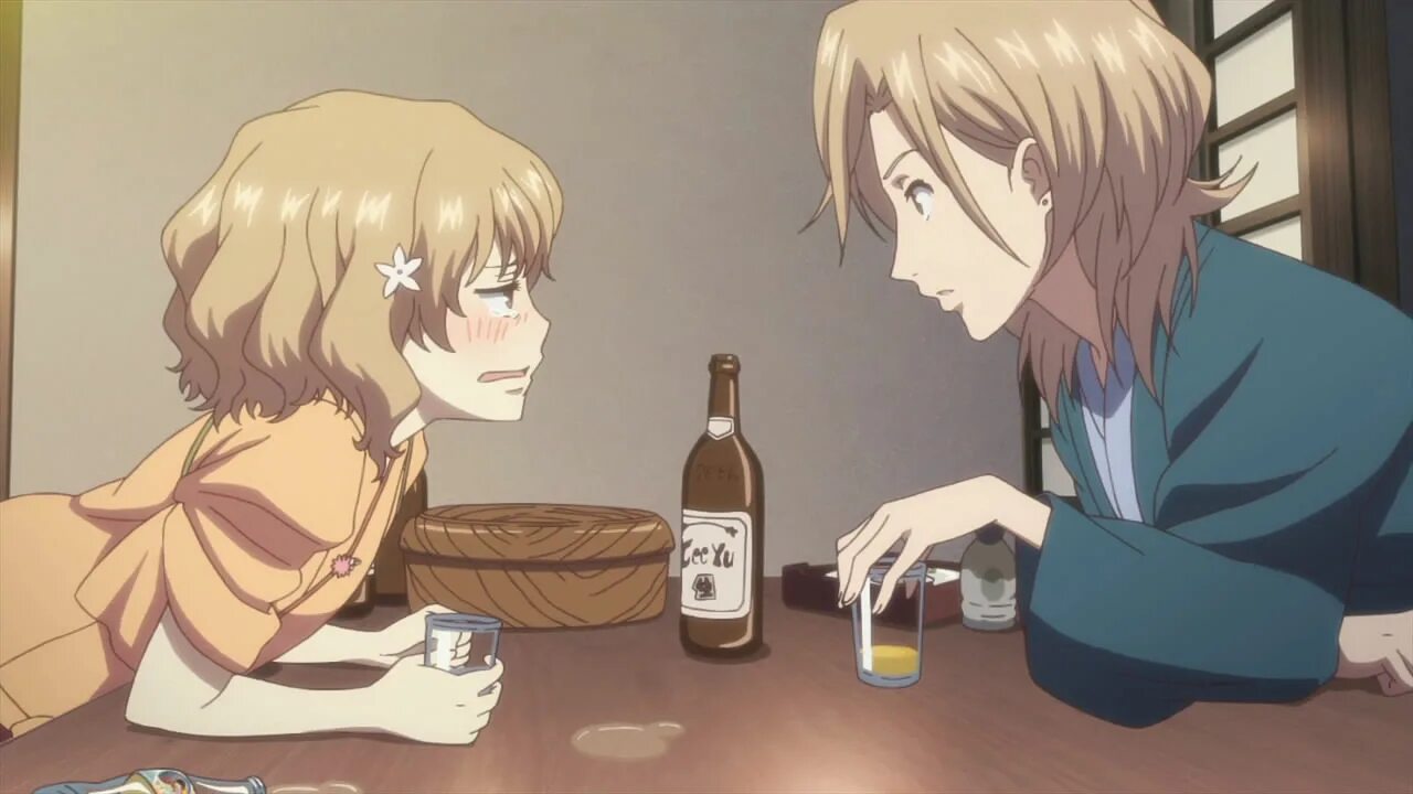 Девочка пьяна ее утешает бармен. Hanasaku Iroha.