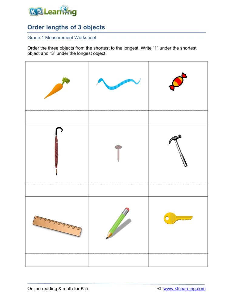 Order objects. Measures Worksheet the shortest the longest. Longer shorter Grade 1 Worksheet. Long and short object. Length, 1 Worksheets.