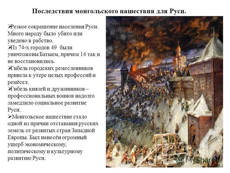 После татаро монгольского нашествия. Дешалыт оборона Рязани. Русь после нашествия Батыя. Последствия нашествия Батыя. Разорение монголо-татарами Руси.