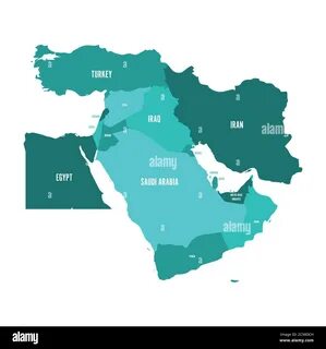 Map of Middle East, or Near East, in shades of turquoise blue. Simple flat vecto