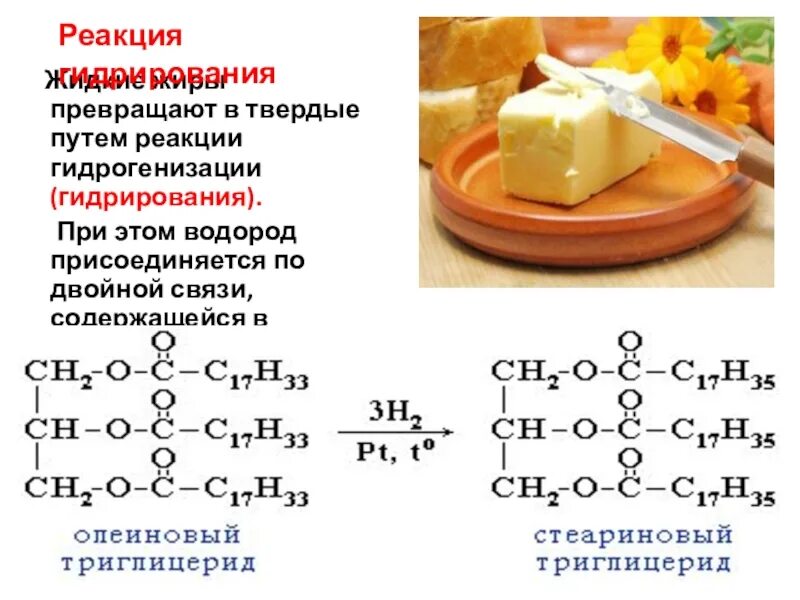 Превращение жидких масел в твердые жиры. Схема гидрогенизации жиров. Реакция гидрогенизации пальмитодиолеина. Реакция гидрогенизации жидких жиров. Уравнение реакции гидрогенизации жидкого жира.