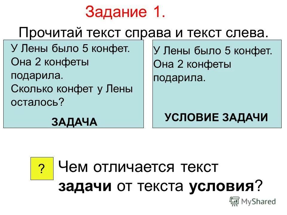 У лены есть конфеты 6. Задача у Лены. Карточка с текстом справа. Чем отличается текст от не текста. Презентация слева текст.