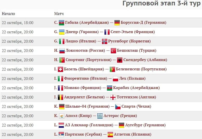 Лига европы расписание матчей календарь