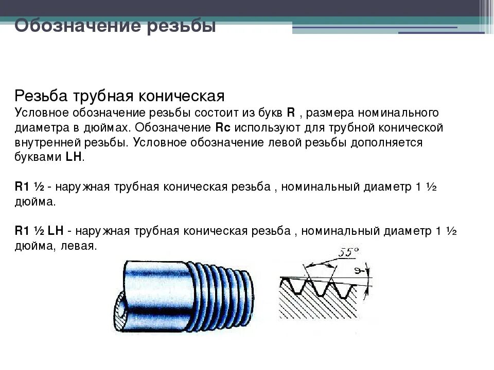 Резьба lh. Трубная резьба 1 дюйм коническая маркировка. Резьба 1/8 конусная обозначение. Трубная цилиндрическая резьба обозначение. Обозначение конусной дюймовой резьбы.