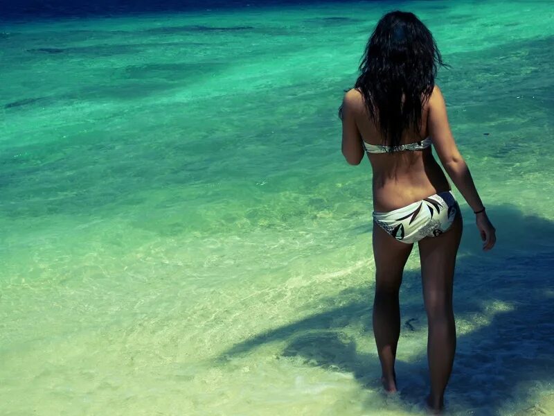 Девушка в купальнике со спины. Красивая брюнетка на море. Девушка в купальнике со спины. Девушка-море. Красивая девушка на пляже со спины.