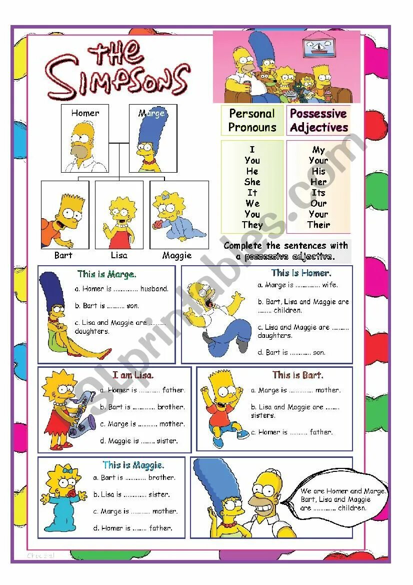 Possessive pronouns and adjectives в английском языке. Possessive игра. Possessive adjectives games. Worksheet possessive adjectives with the Simpsons ответы. Complete the text with the adjectives