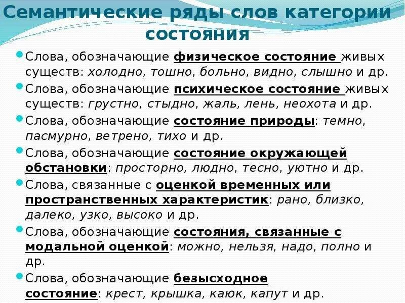 Что выражают слова категории нужно необходимо лень. Слова категории состояния. Слава категории состоянич. Сова атегории состяния. Слова категории состояния примеры.