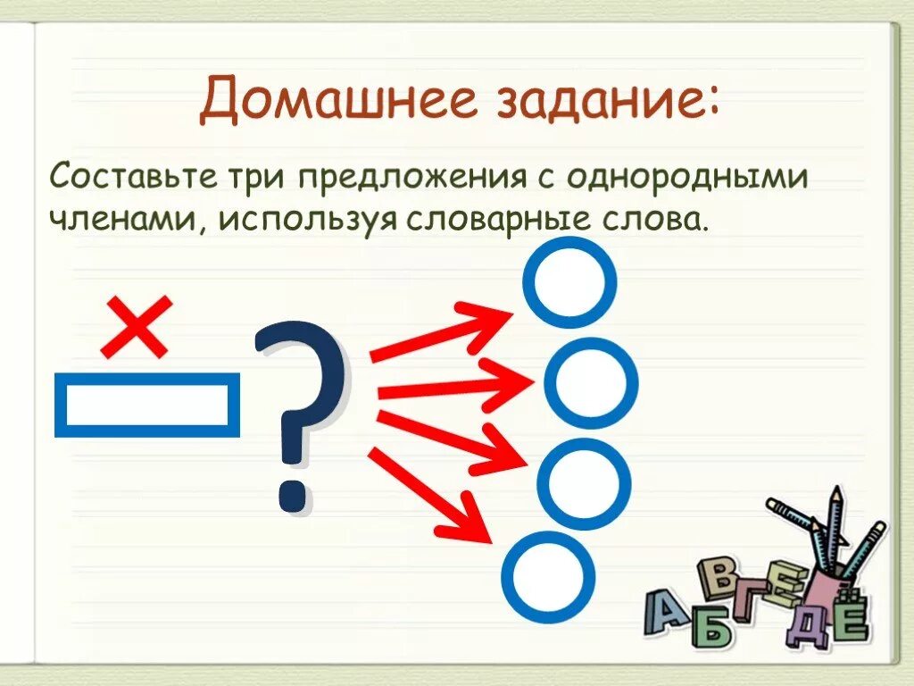 Карточки русский язык 4 класс однородные. Три предложения с однородными членами предложения.