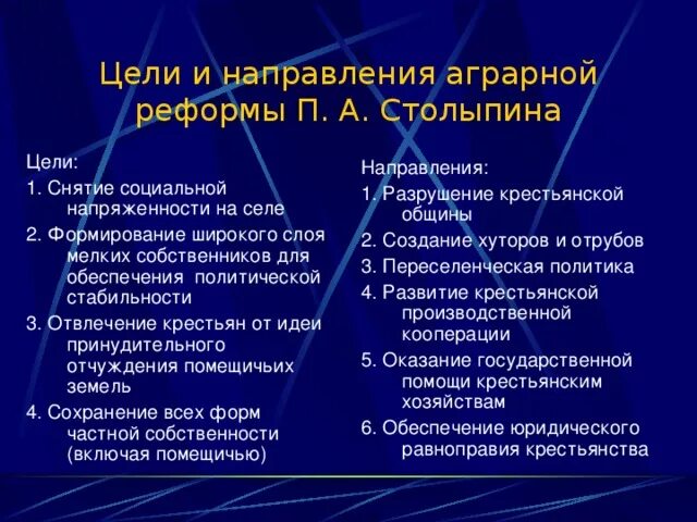 Что предусматривала аграрная реформа столыпина. Цели и направления аграрной реформы. Направления реформ Столыпина. Направления аграрной реформы Столыпина. Основные направления столыпинской аграрной реформы.