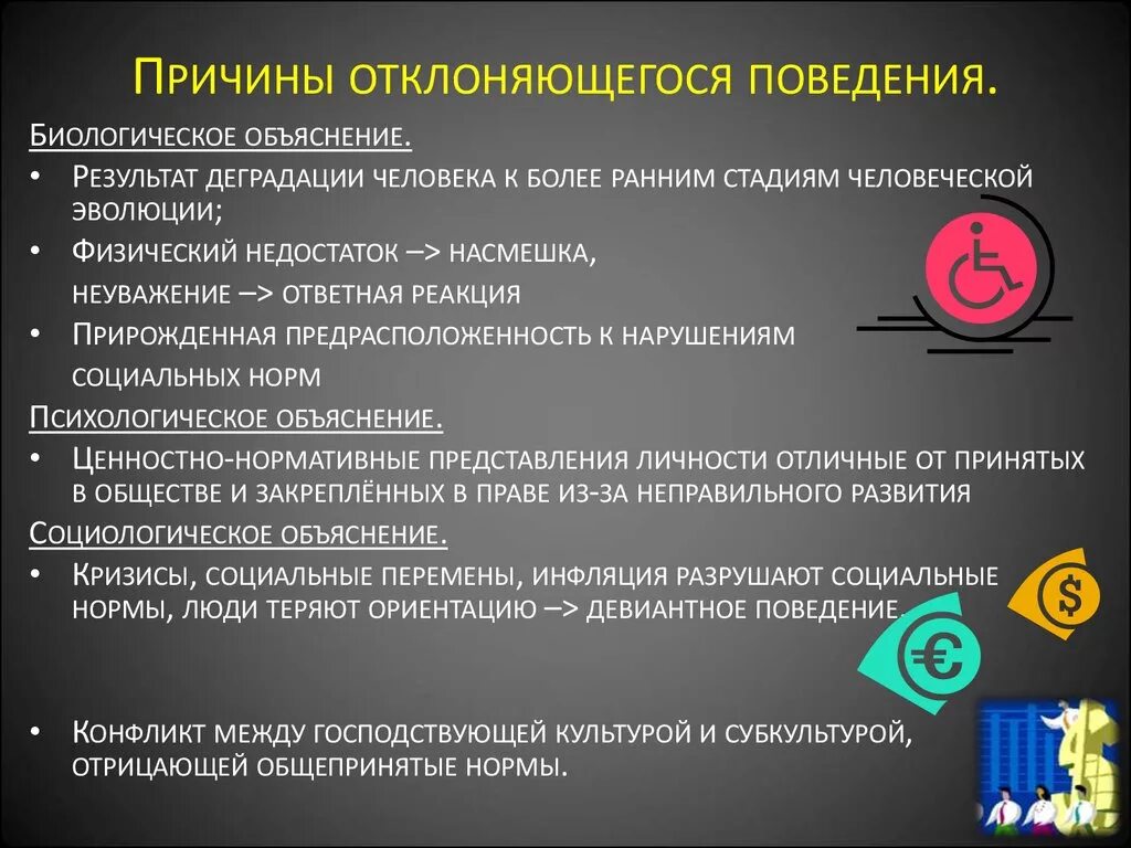 Поведения человека с точки зрения. Отклоняюшеясь поведения причины. Причины отклоняющегося поведения. Причины откланившегося поведения.