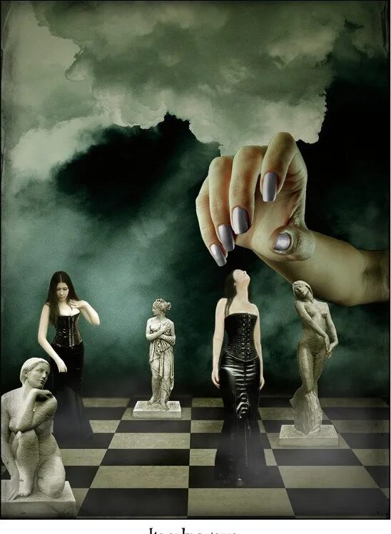 Жизнь как игра. Мистические шахматы. Люди на шахматной доске. Совесть сюрреализм.