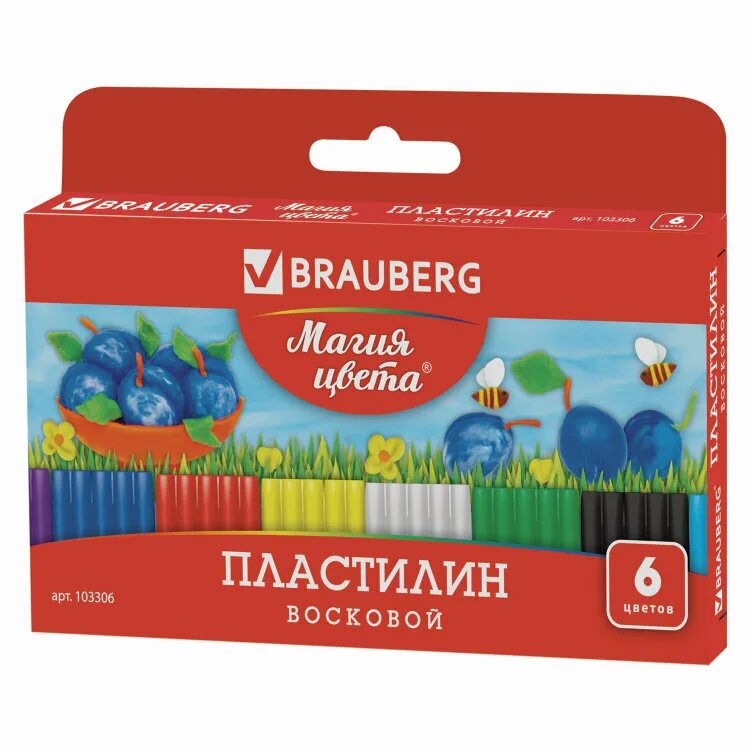 Пластилин восковой BRAUBERG 6 цв., 90г, со стеком, европодвес, 103306, , шт. Пластилин БРАУБЕРГ 6 цветов. Пластилин БРАУБЕРГ 24 цвета. Пластилин BRAUBERG флуоресцентный 12 цветов 180г.