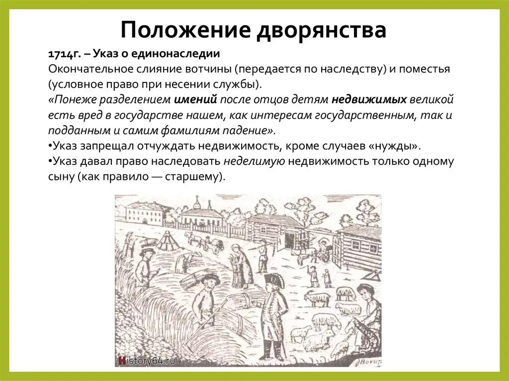 Всем недвижимых вещей назовите монарха. Указ о единонаследии 1714 г. Слияние вотчины и поместья. Слияние вотчин ипоместья. Родовые вотчины по наследству.