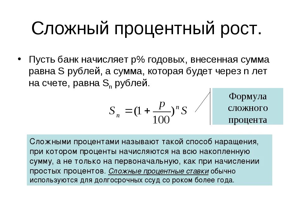 Начисление процентов по сложным ставкам. Формула сложных процентов по кредиту пример. Начисление процентов по вкладу по формуле сложных процентов. Сложная ставка процента формула по вкладам. Формула расчета вклада и процентов по вкладам.