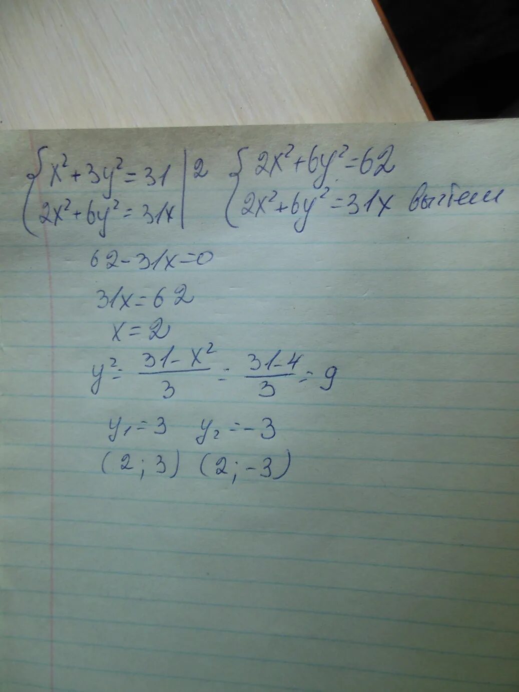 X^2+3y^2=31 2x^2+6y^2=31x. (2x+6)2. Y= -3x +2 ответ. 2x-6 x2/x-31<0. 0 2x 0 6y 2