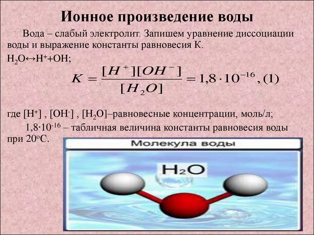 Уравнение реакции диссоциации воды. Как посчитать ионное произведение воды. Константа воды ионное произведение воды. Ионная формула воды в химии. Соотношение кислорода и водорода в воде