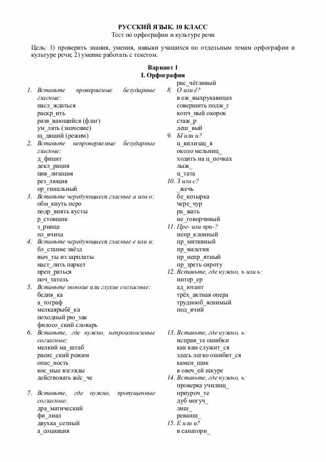 Контрольный тест по русскому языку 11 класс