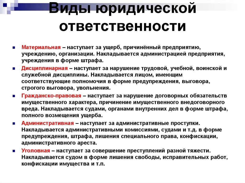 Общая характеристика видов юридической ответственности