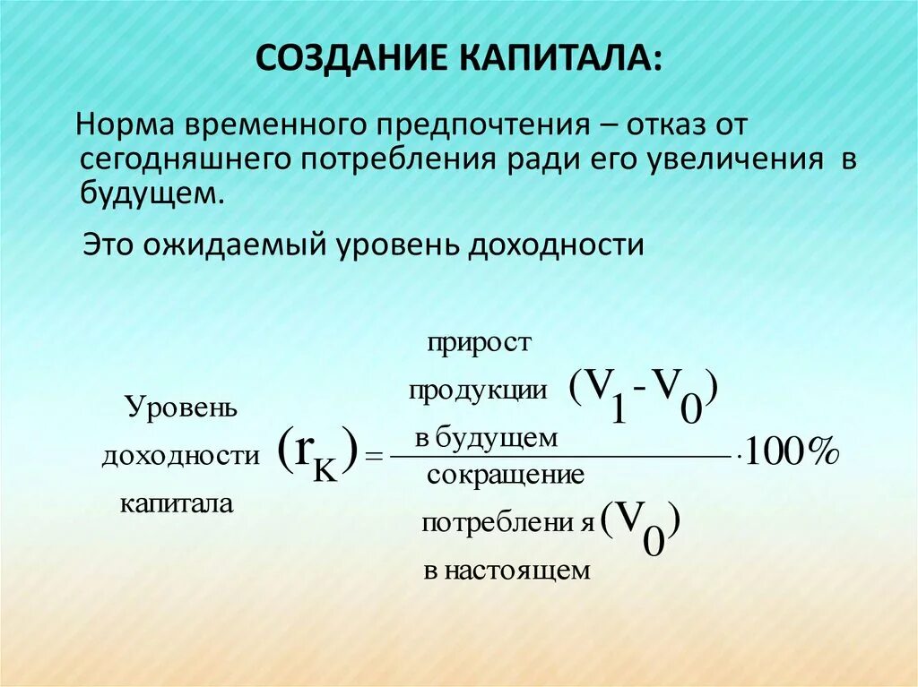 Рентабельность инвестиционного капитала. Норма временного предпочтения. Создание капитала. Норма доходности капитала. Как создается капитал.