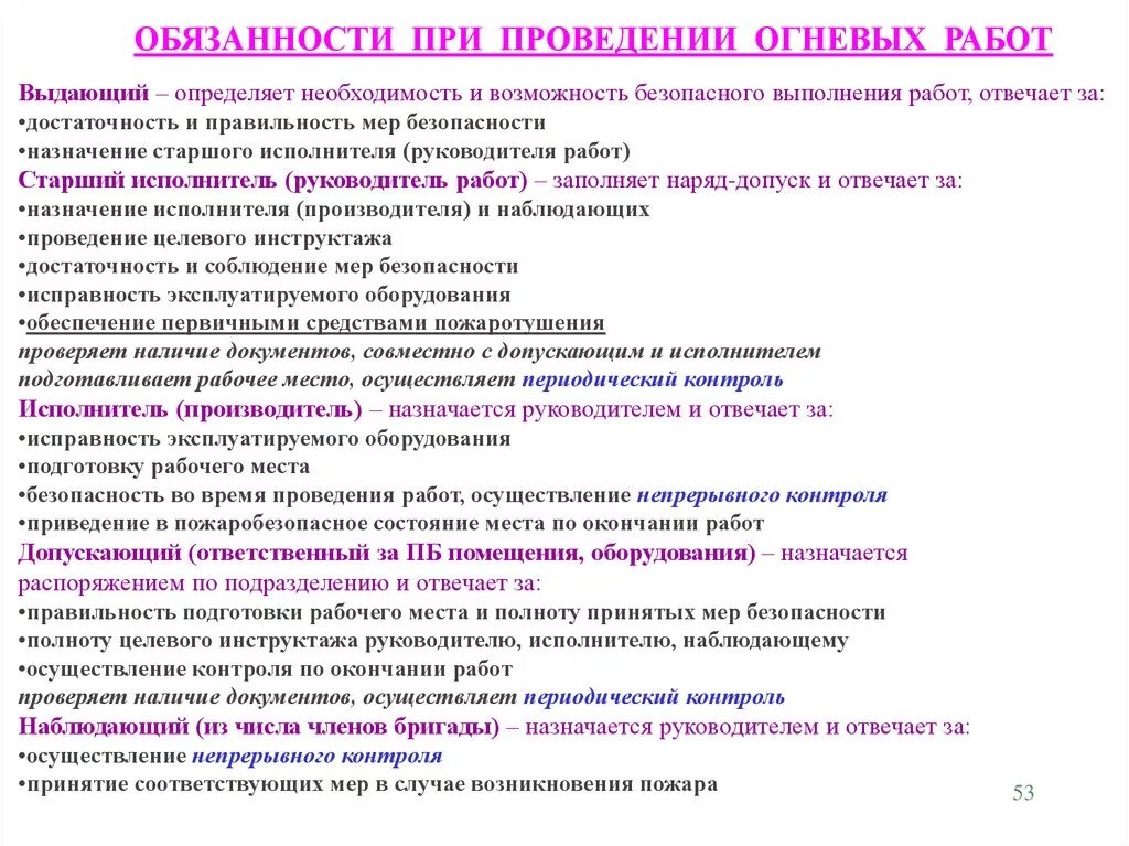 Требования к проведению огневых работ. Обязанности исполнителя при проведении работа. Обязанности исполнителей огневых работ. Обязанности допускающего при проведении огневых работ. Ответственность наблюдающего