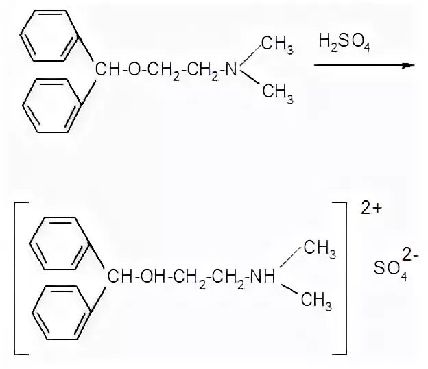 Димедрол подлинность реакции. Димедрол с серной кислотой реакция. Димедрол и серная кислота реакция. Димедрол с серной кислотой концентрированной реакция.