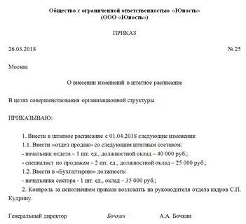 Новая штатная единица в штатном расписании