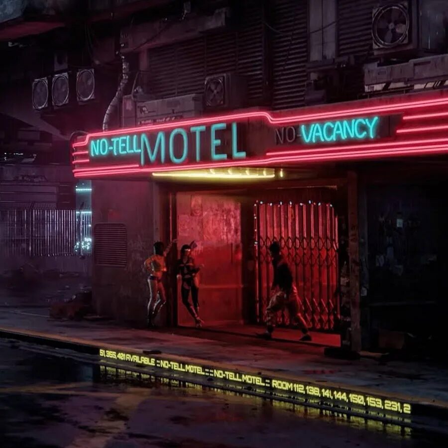 Обложка стим cyberpunk. Cyberpunk 2077 здания. Киберпанк 2077 отель ноу-тилл. Cyberpunk 2077 мотель сансет. Неоновая вывеска.