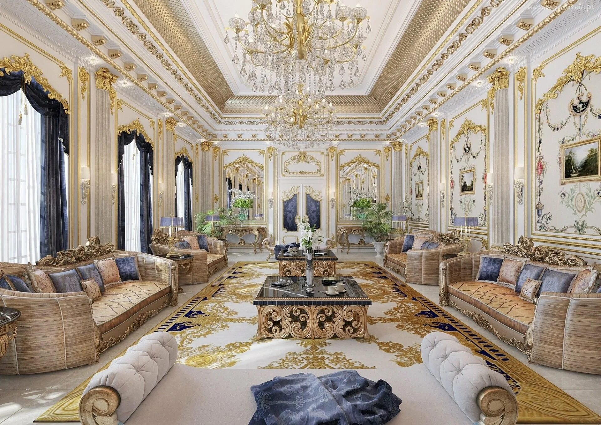 Гостиная Версаче Барокко. Резиденция Версаль Рублевка. Дворец Luxury Antonovich. Luxury Mansion Interior гостиная.