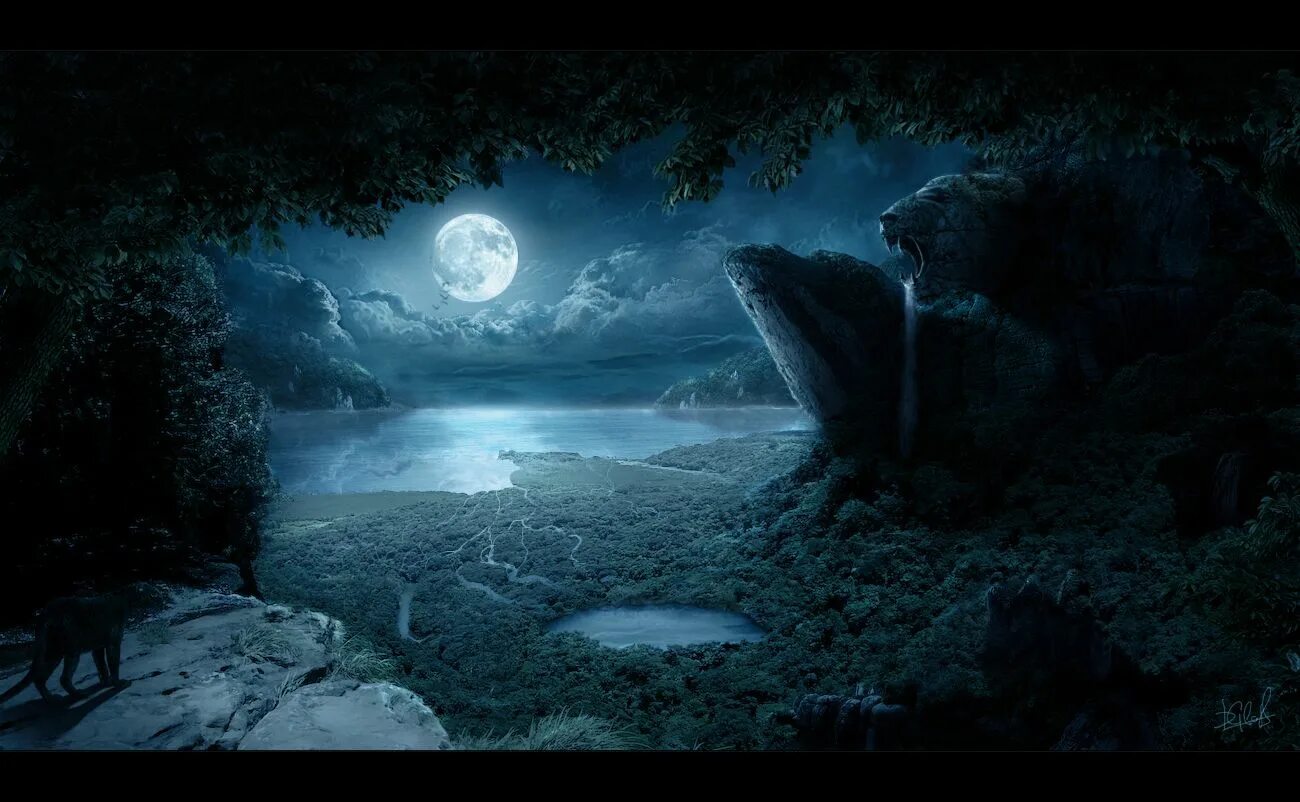 Таинственные пейзажи. Лунный пейзаж. Ночной пейзаж фэнтези. Мистические пейзажи. Лунной ночью свет загадочно