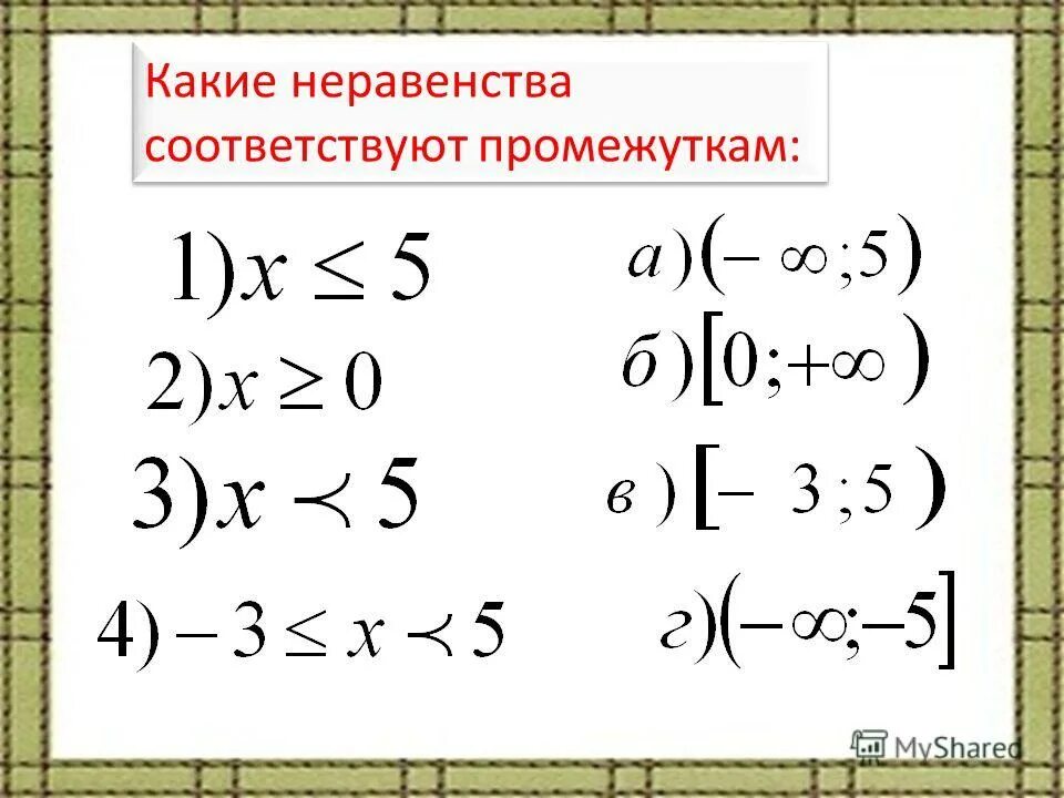 неравенства. какие неравенства соответствуют промежуткам? (- ∞; 2]. какой промежуток соответствует неравенству х >7. какие неравенства соответствуют промежуткам. какие неравенства соответствуют промежуткам.