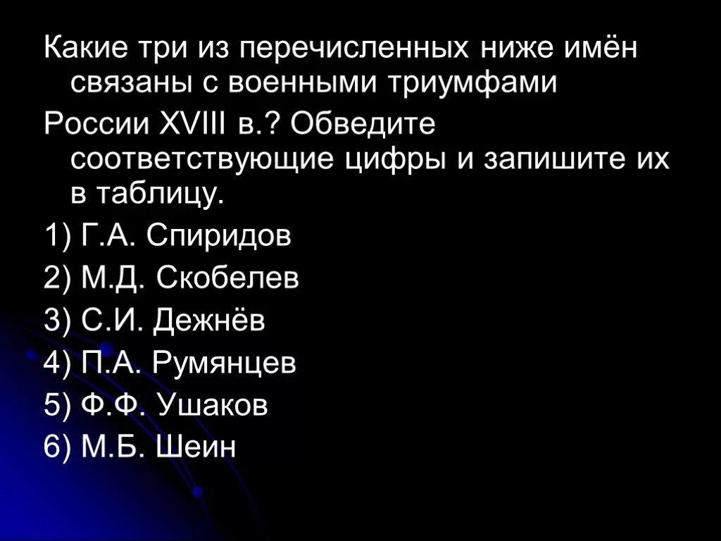 Установите соответствие между именами исторических лиц и их. Цифры связанные с армией. Имена связанные с военным триумфом в 18 веке. Какие три из перечисленных ниже событий военной истории.