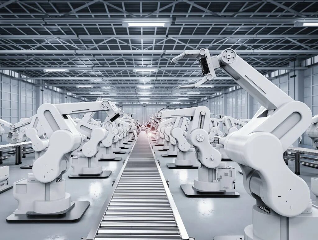 Цех роботов. Роботизированный завод. Завод будущего. Робот конвейер. Промышленные роботы.
