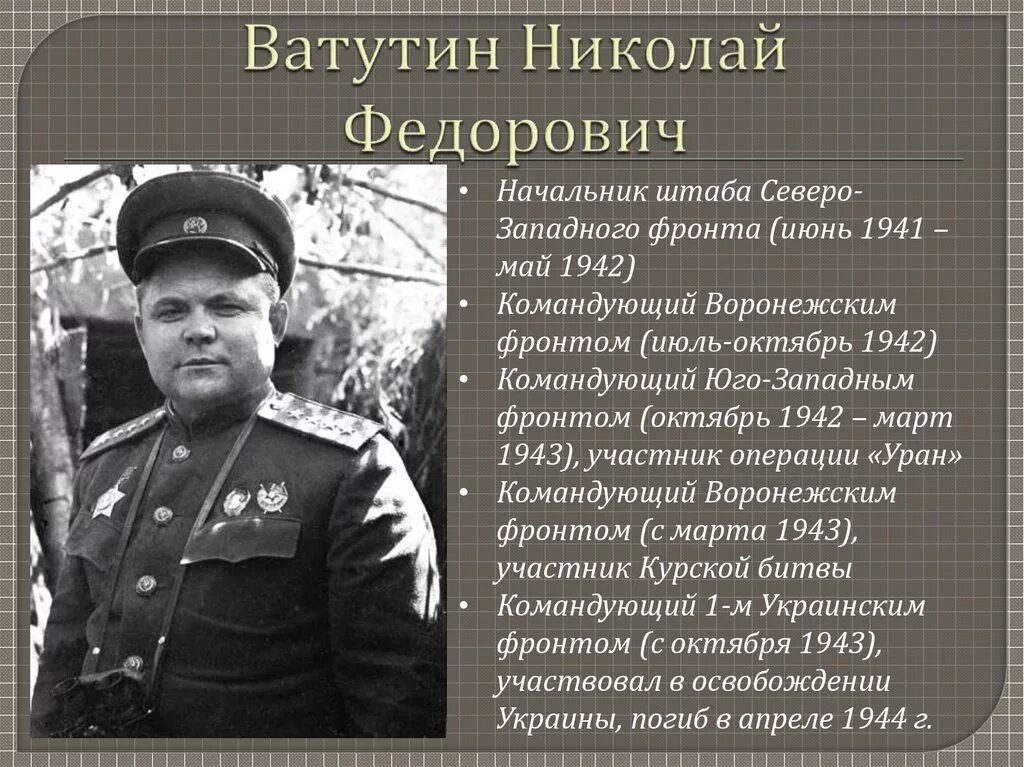 Юго-Западного (командующий – генерал н.ф. Ватутин),. Ватутин н.ф., - командующий воронежским фронтом. Брянский фронт командующий курская