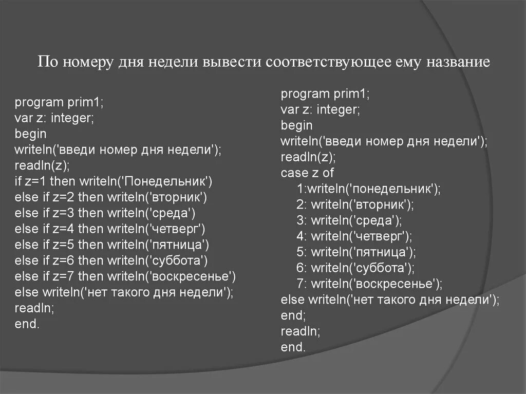 Дней в неделю а также. По номеру дня недели вывести название. Порядковый номер дня недели. По Дню недели вывести название. По номеру дня недели вывести его название Паскаль.