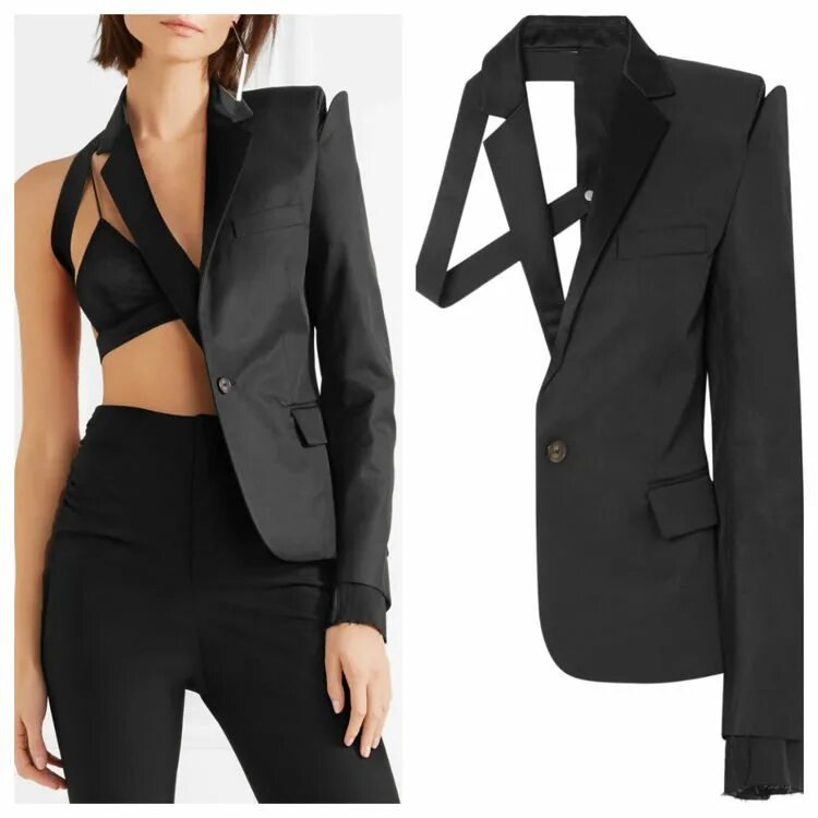 пиджак с разрезами. костюм женский с вырезом. оригинальный пиджак женский. пиджак с разрезанными рукавами. пиджак с декольте.