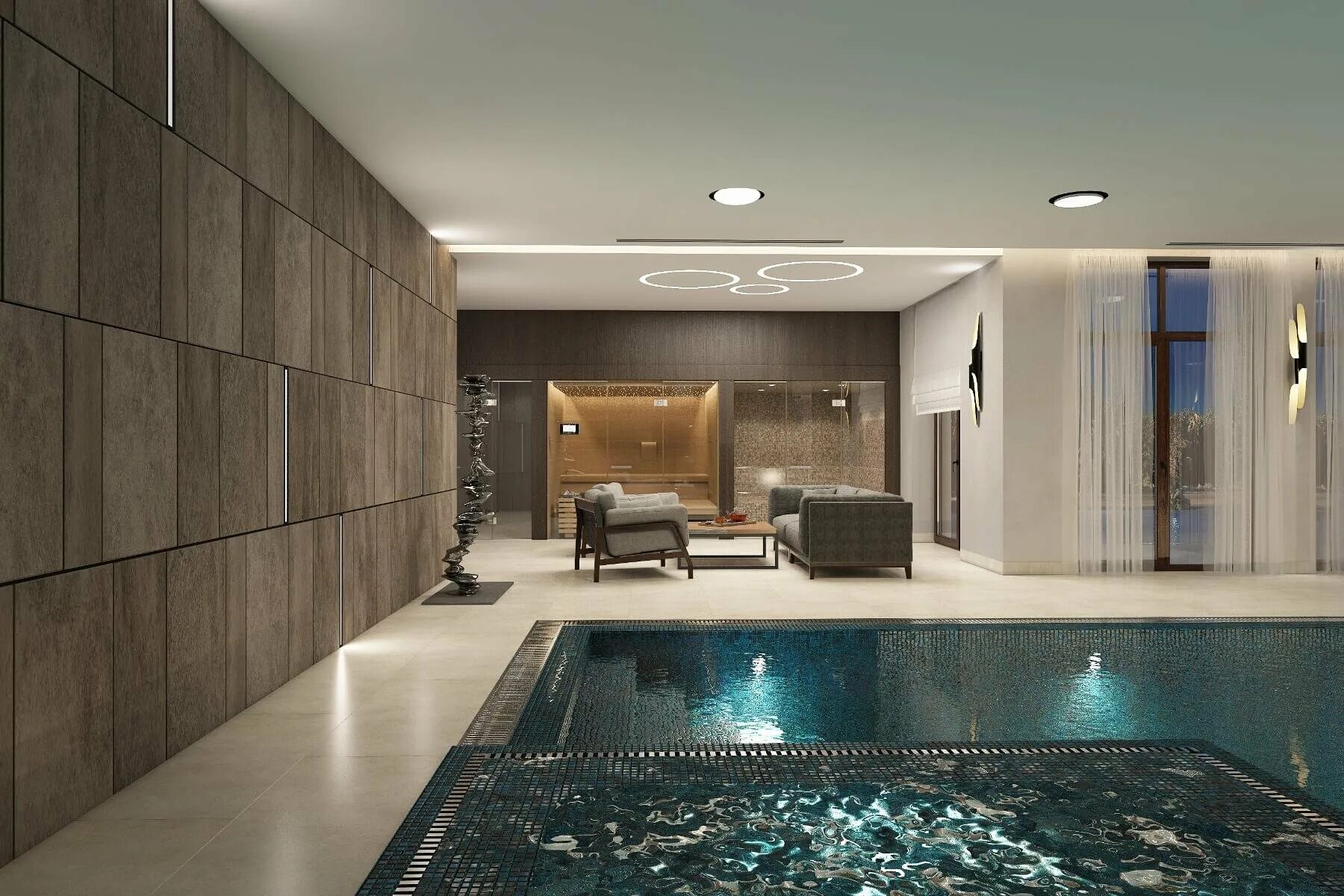 Спа комплекс софрино парк. Спа зона в доме. Стильный бассейн в доме. Освещение бассейна. Спа в загородном доме.