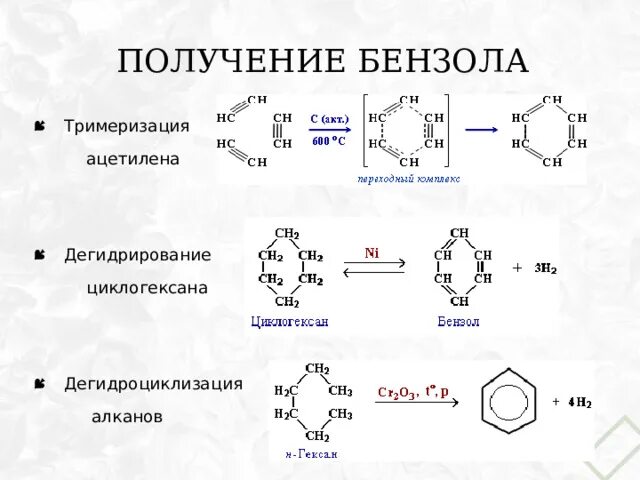 Реакцией тримеризации получают. Получение бензола из ацетилена. Тримеризация ацетилена в бензол. Способы получения гомологов бензола. Основные способы получения бензола.