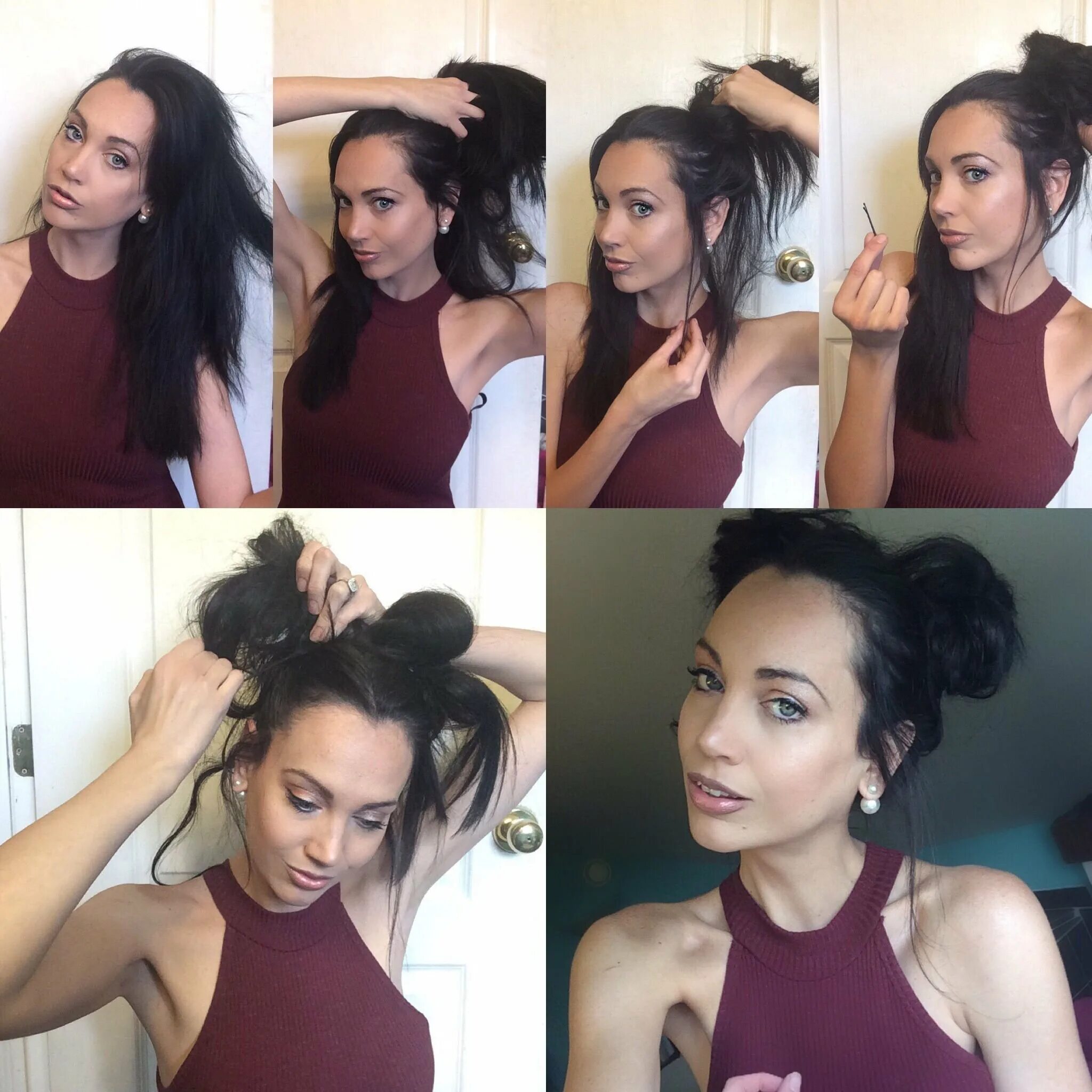 как сделать 2 пучка по бокам. прическа с двумя гульками. причёска шишка на голове. как сделать 2 пучка по бокам. прическа с двумя пучками.